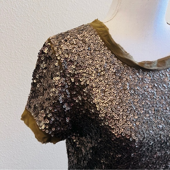 J. Crew Olive Green Sequin Embellished Short Sleeve Shirt Blouse - Picture 8 of 16